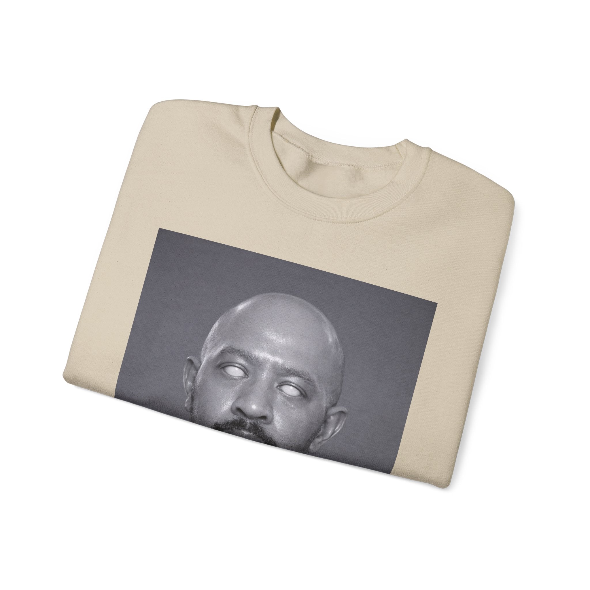 Crewneck Sweatshirt with Surreal Portrait Print — Monochrome Bald Man Art
