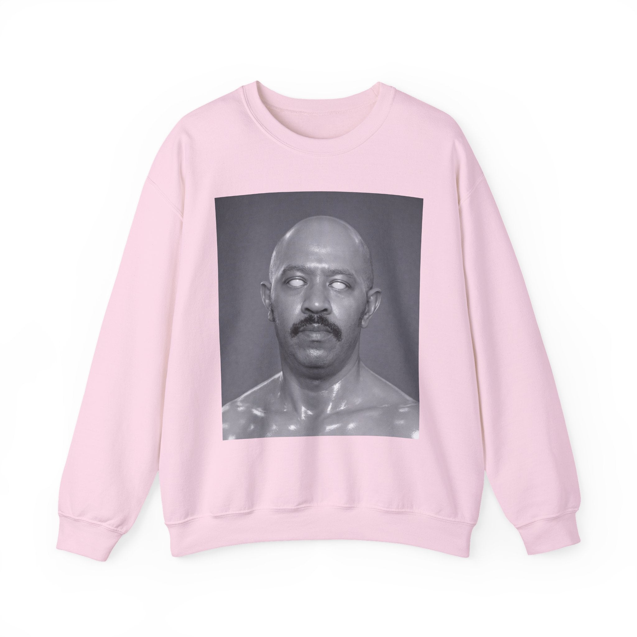 Crewneck Sweatshirt with Surreal Portrait Print — Monochrome Bald Man Art