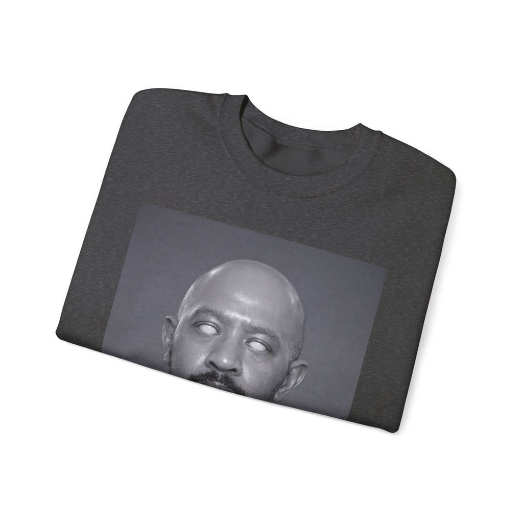 Crewneck Sweatshirt with Surreal Portrait Print — Monochrome Bald Man Art