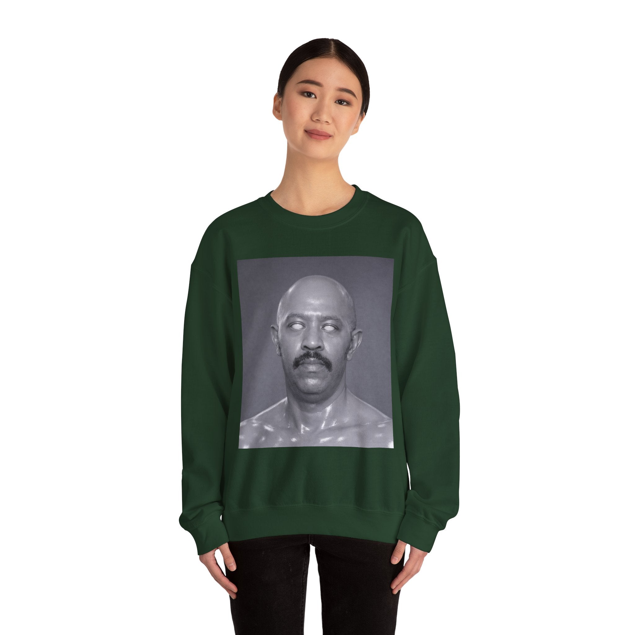 Crewneck Sweatshirt with Surreal Portrait Print — Monochrome Bald Man Art