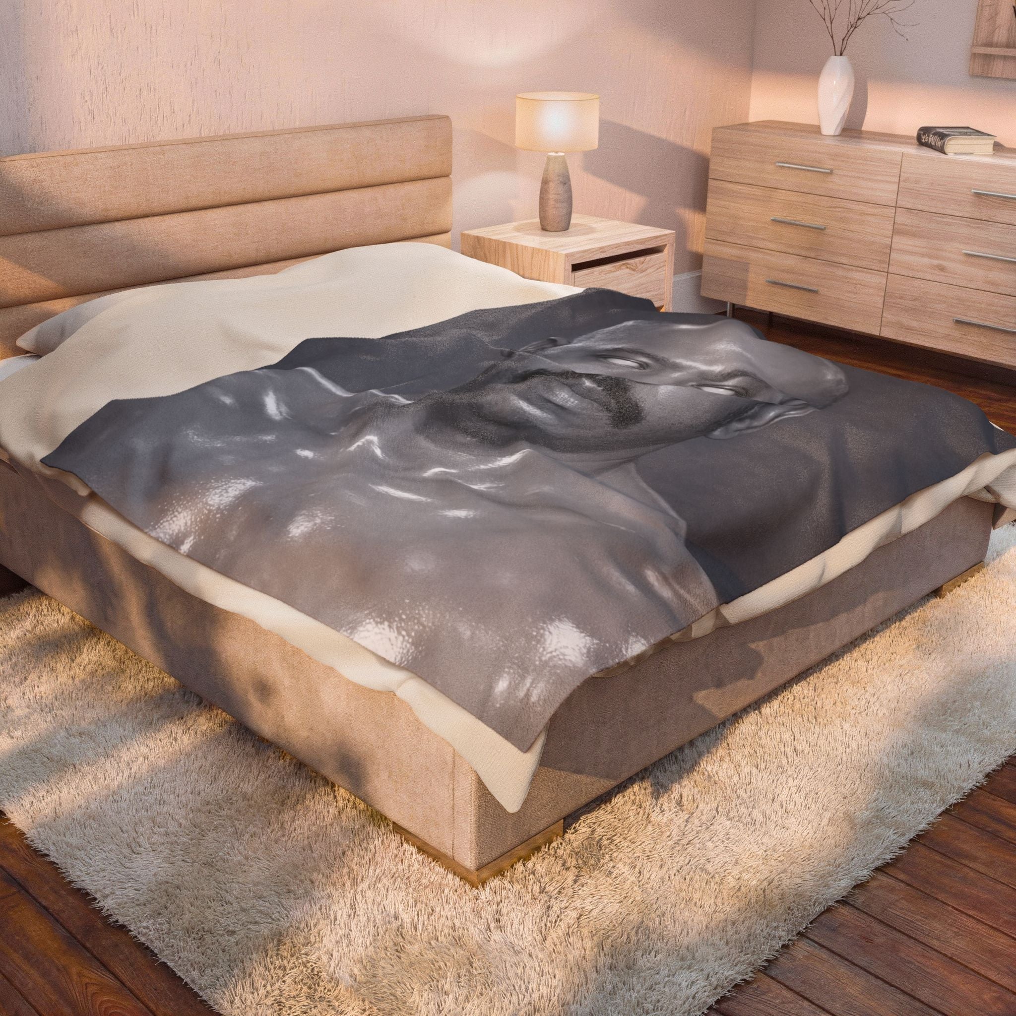Velveteen Plush Blanket — Monochrome Portrait Throw (Eerie Vintage Gaze)