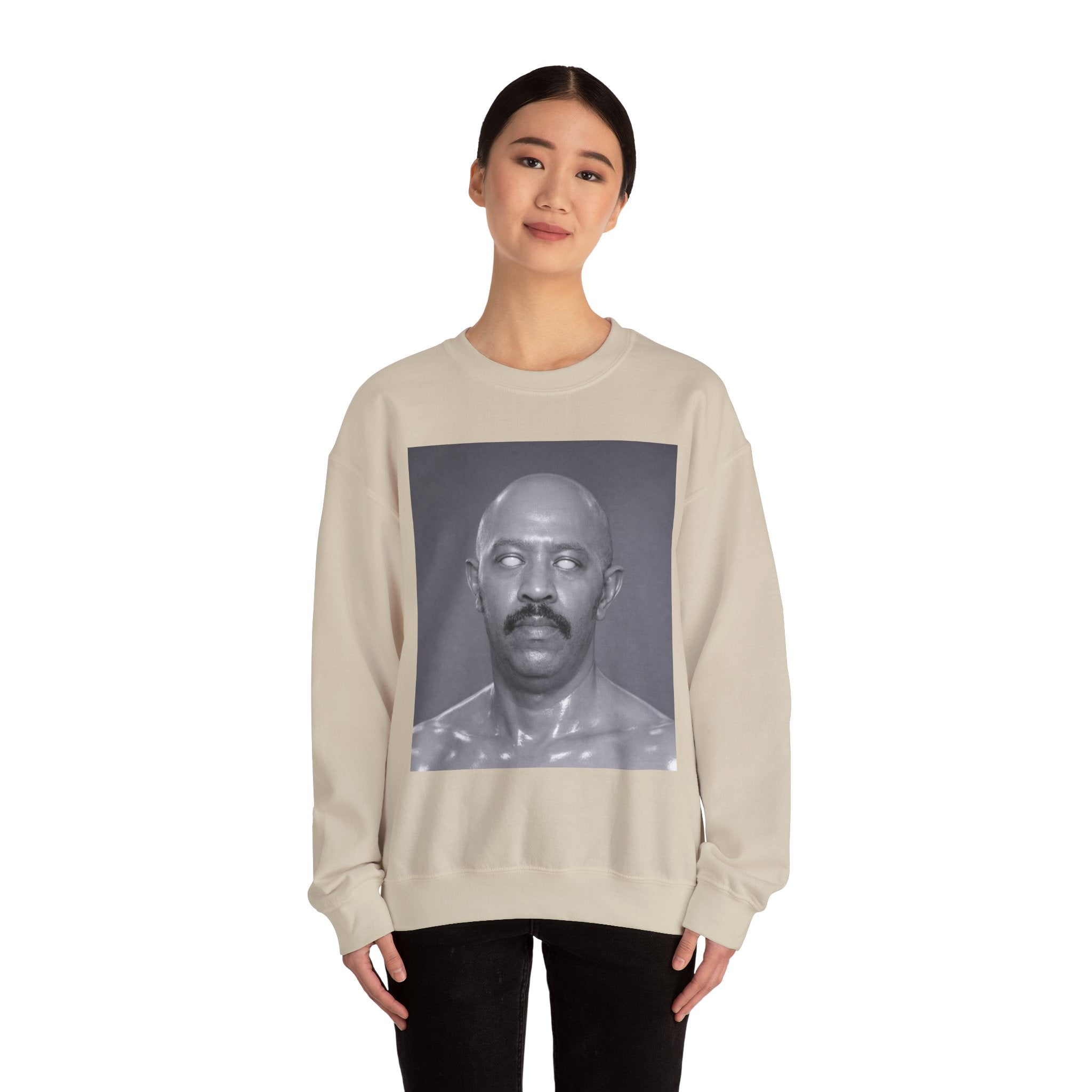 Crewneck Sweatshirt with Surreal Portrait Print — Monochrome Bald Man Art
