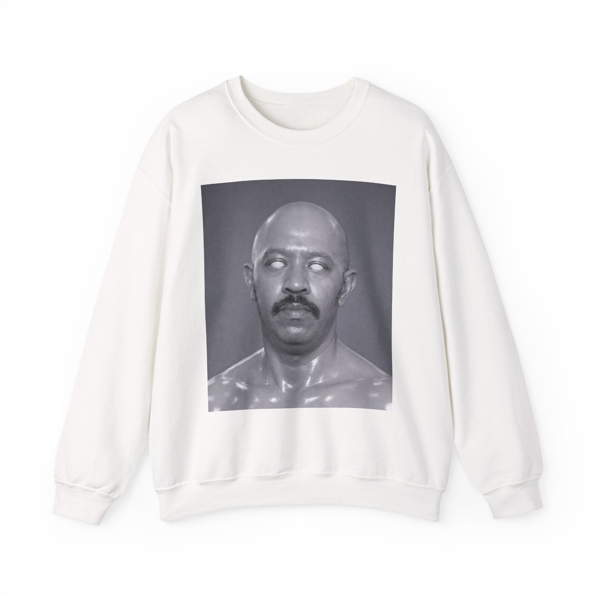 Crewneck Sweatshirt with Surreal Portrait Print — Monochrome Bald Man Art