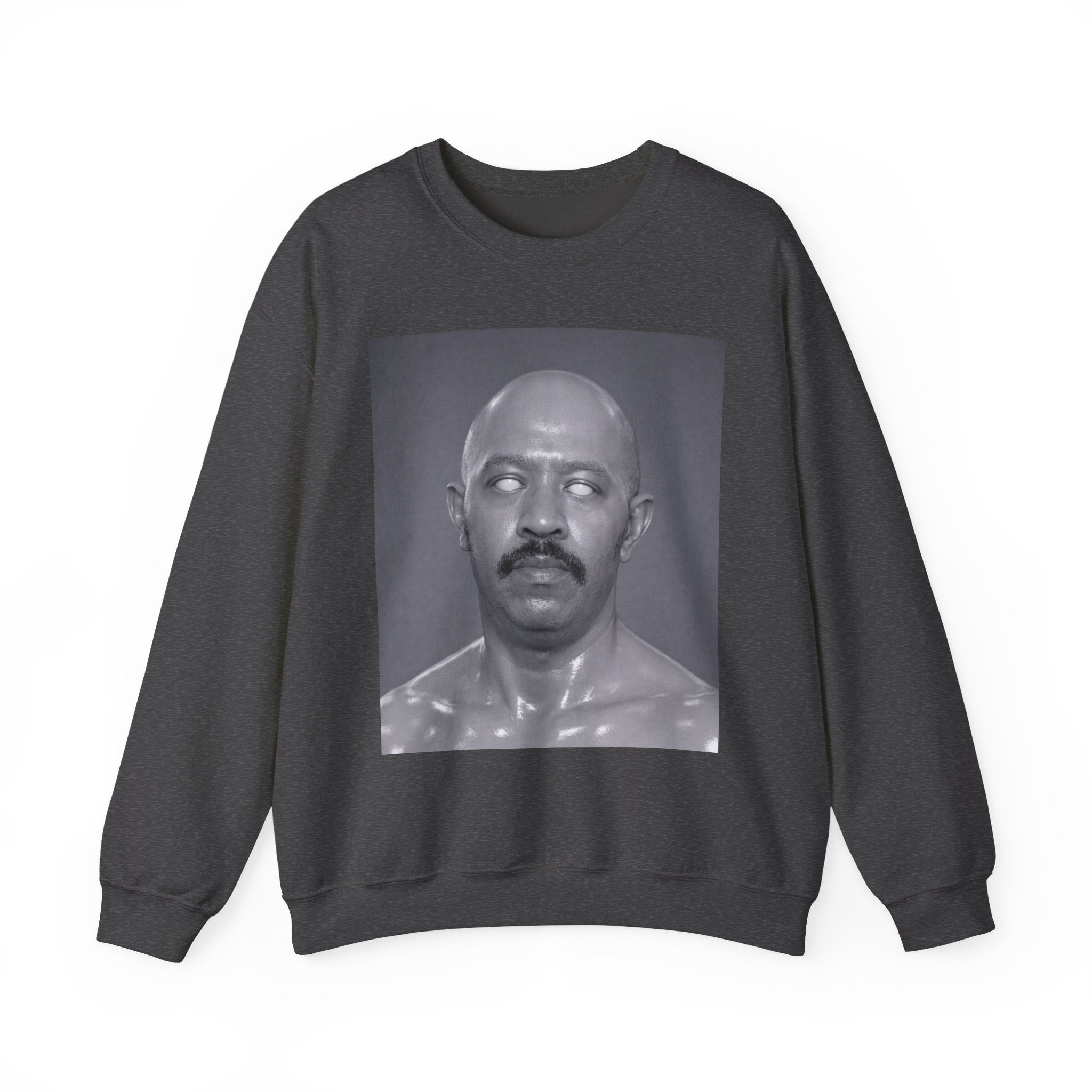 Crewneck Sweatshirt with Surreal Portrait Print — Monochrome Bald Man Art