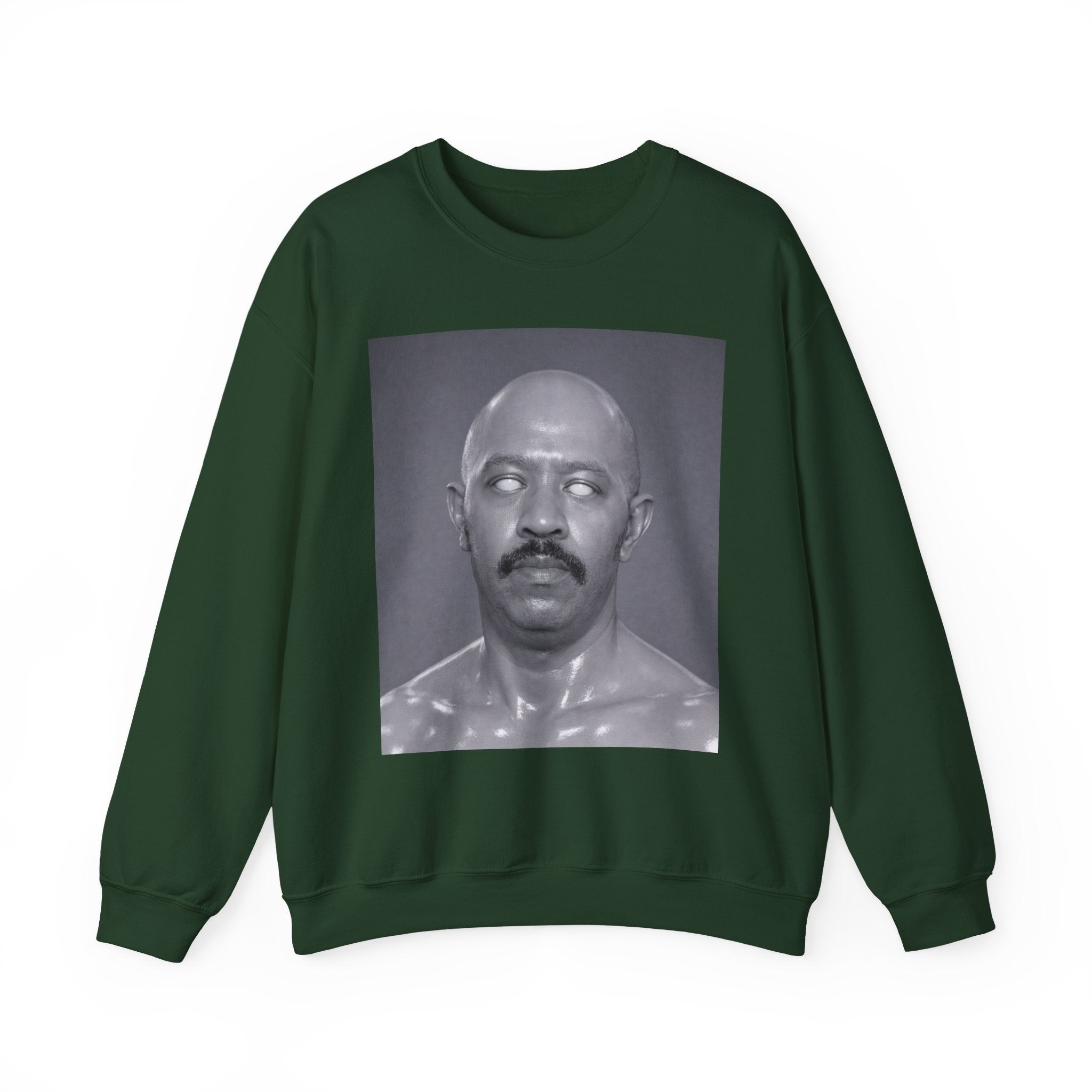 Crewneck Sweatshirt with Surreal Portrait Print — Monochrome Bald Man Art