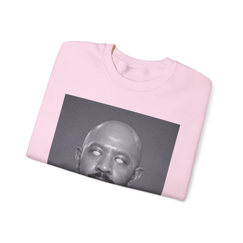 Crewneck Sweatshirt with Surreal Portrait Print — Monochrome Bald Man Art