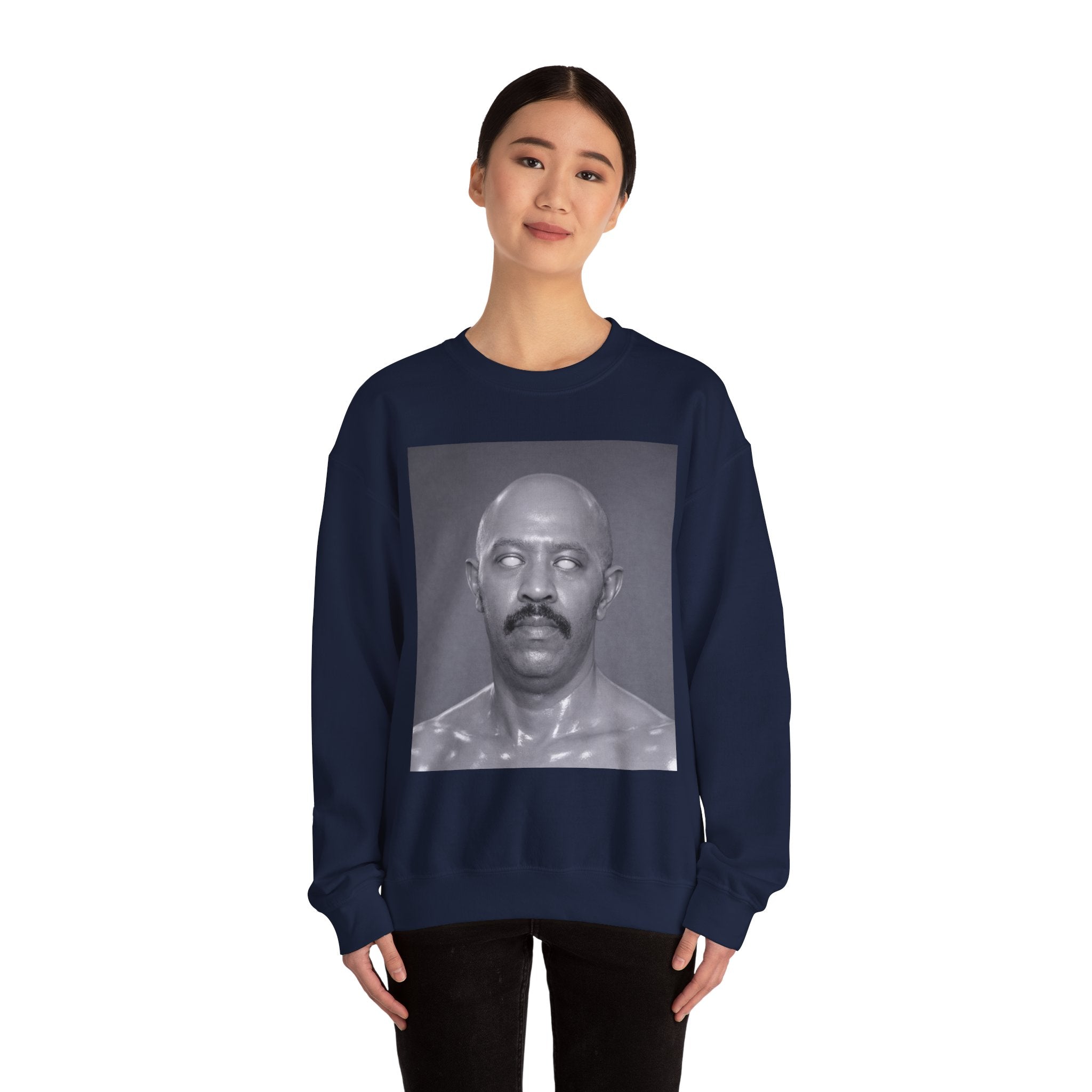 Crewneck Sweatshirt with Surreal Portrait Print — Monochrome Bald Man Art