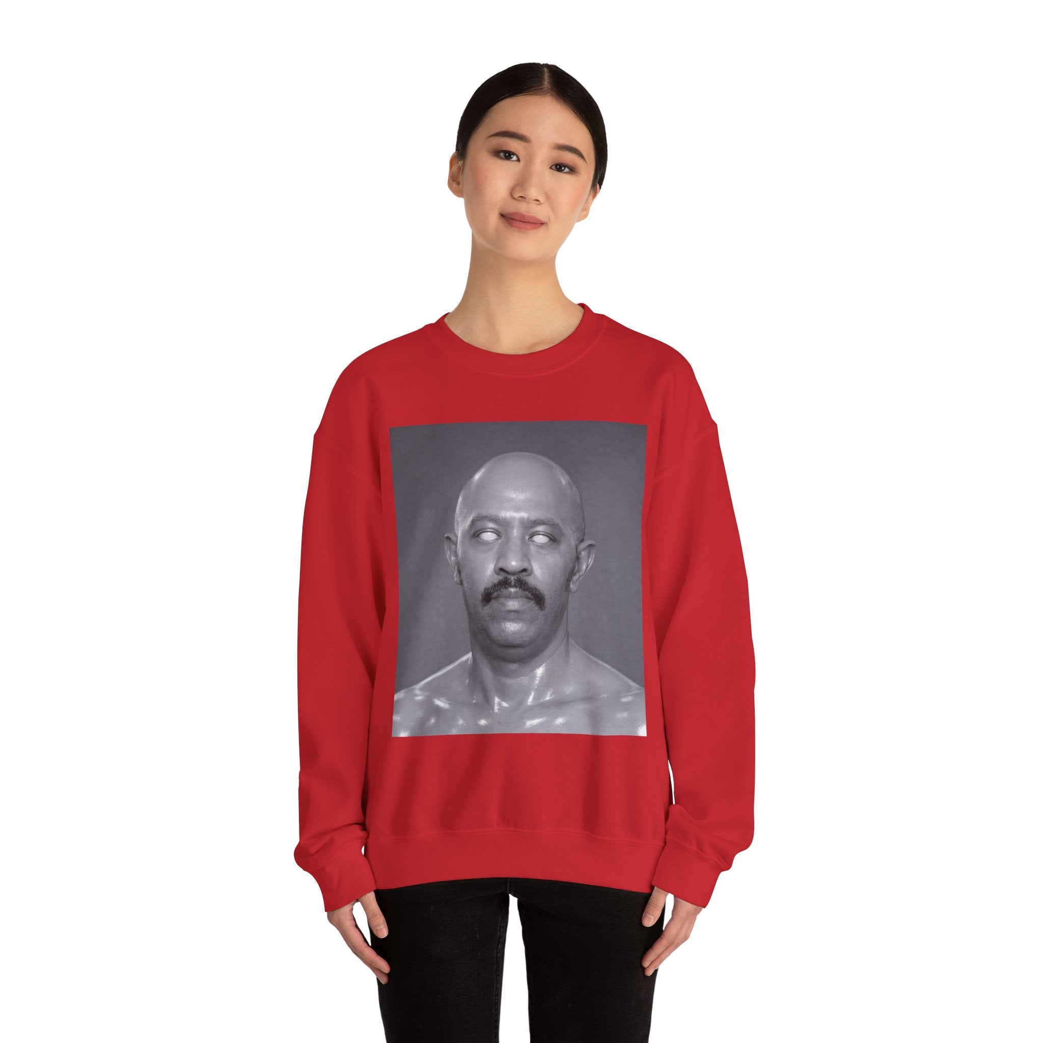 Crewneck Sweatshirt with Surreal Portrait Print — Monochrome Bald Man Art