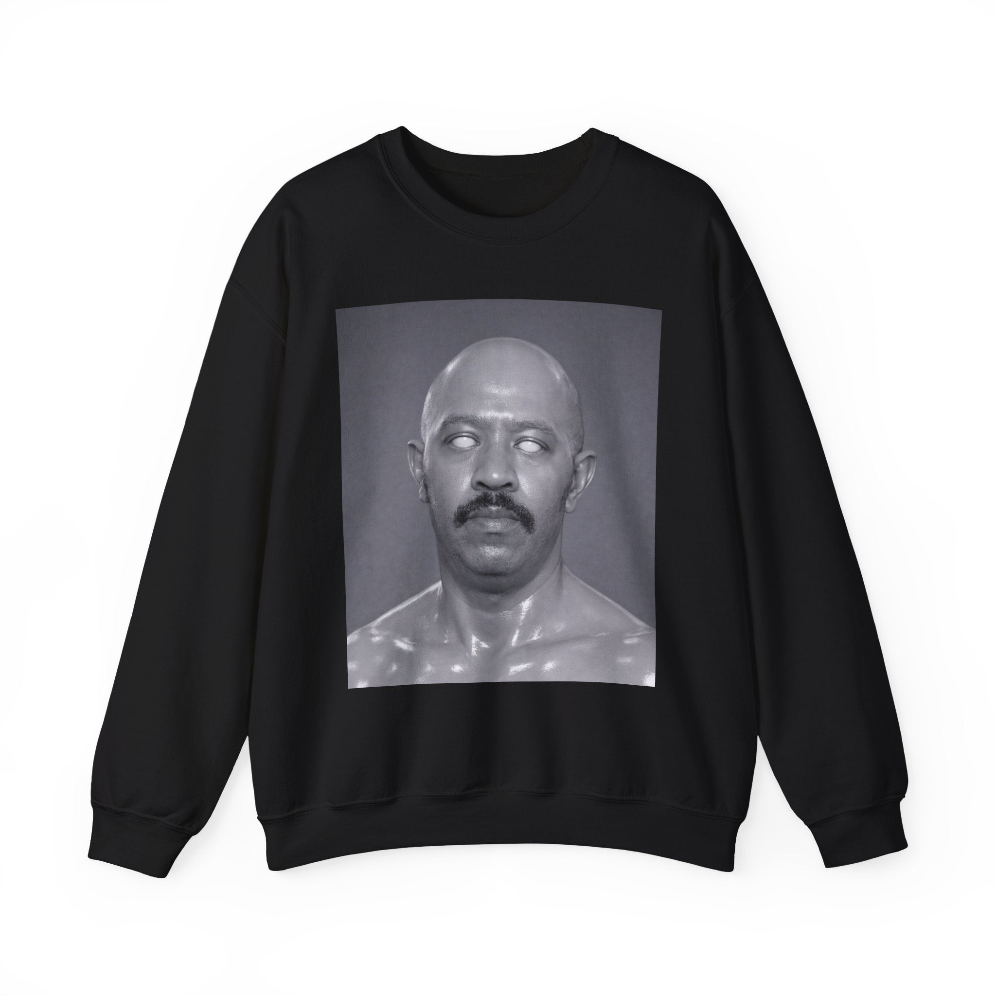 Crewneck Sweatshirt with Surreal Portrait Print — Monochrome Bald Man Art