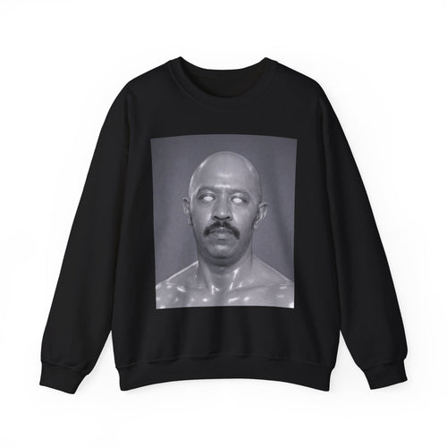 Crewneck Sweatshirt with Surreal Portrait Print — Monochrome Bald Man Art