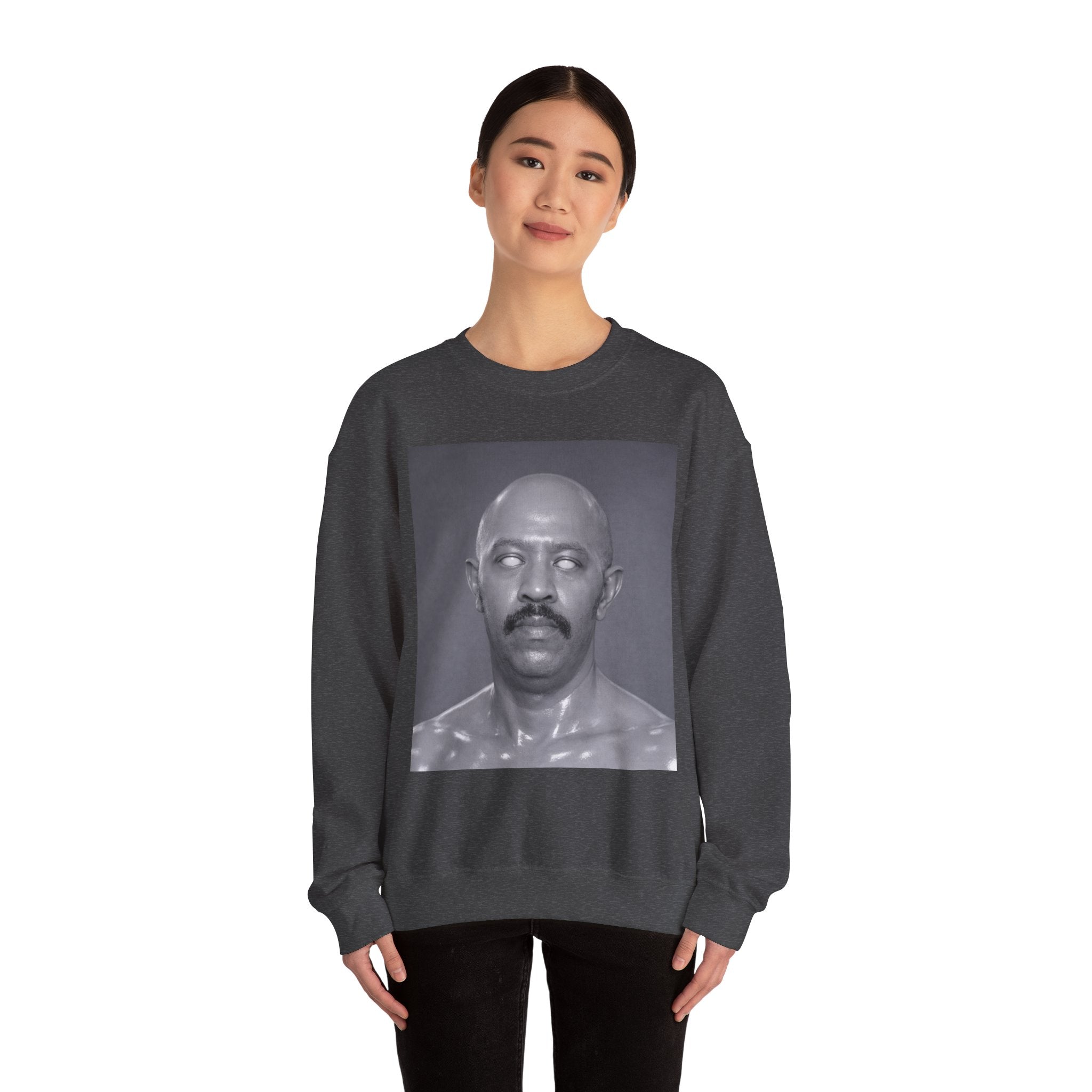 Crewneck Sweatshirt with Surreal Portrait Print — Monochrome Bald Man Art