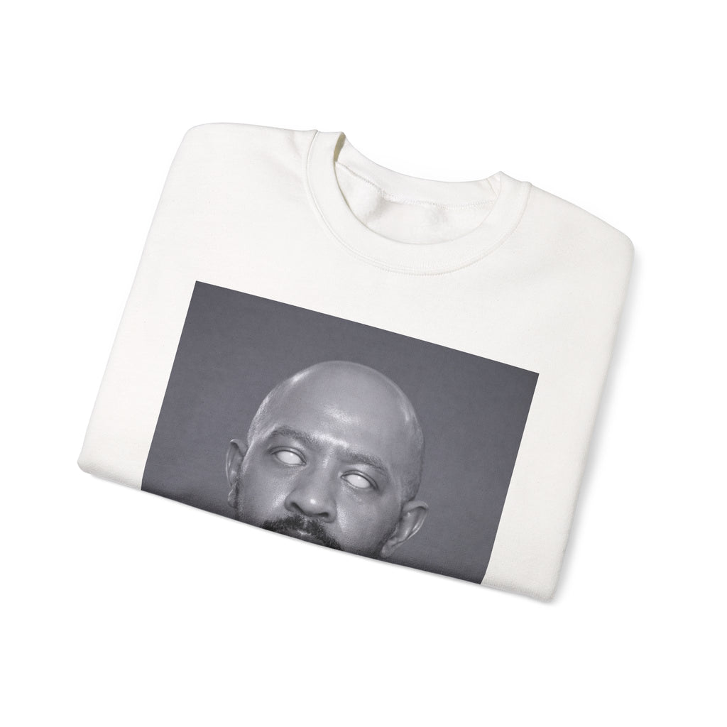 Crewneck Sweatshirt with Surreal Portrait Print — Monochrome Bald Man Art