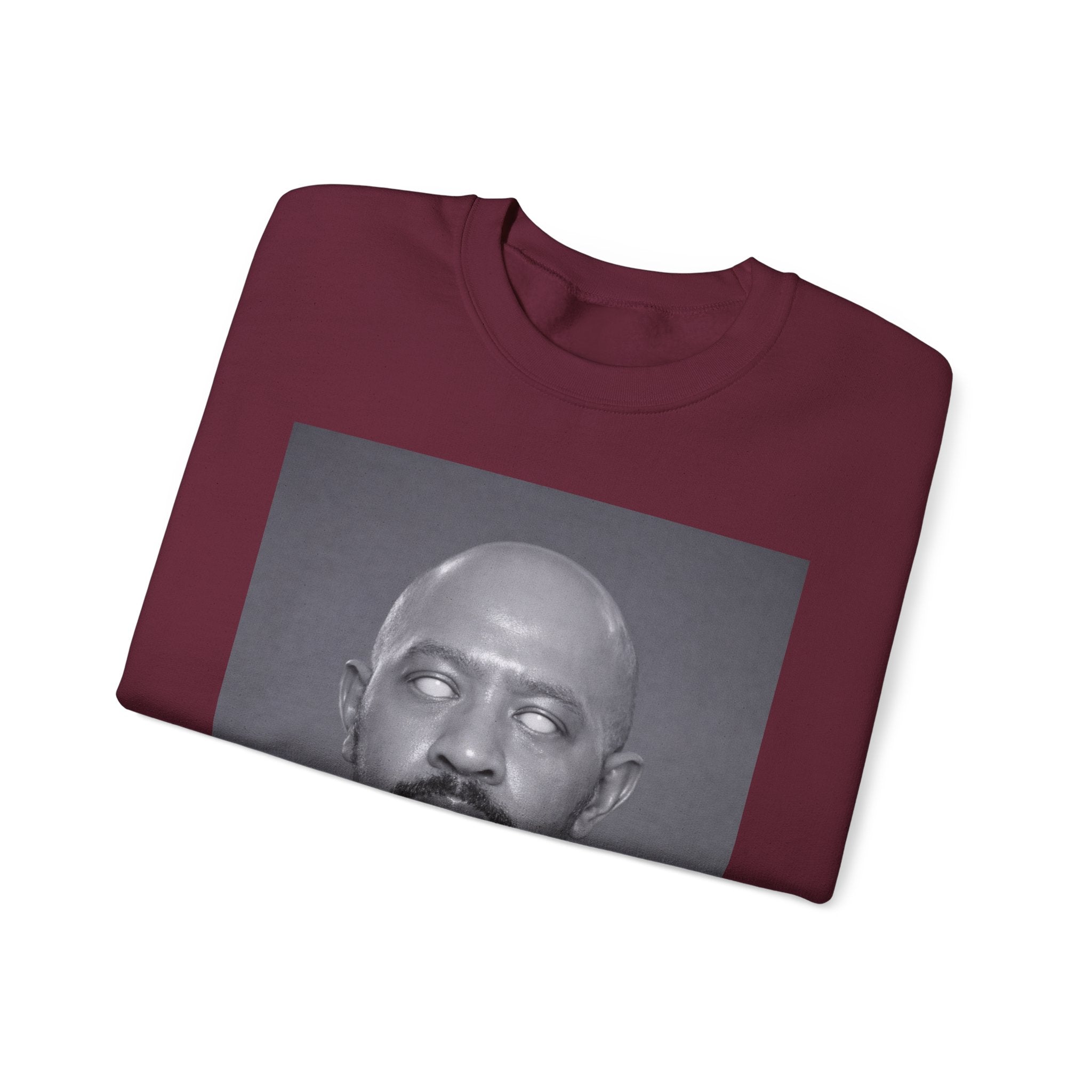 Crewneck Sweatshirt with Surreal Portrait Print — Monochrome Bald Man Art