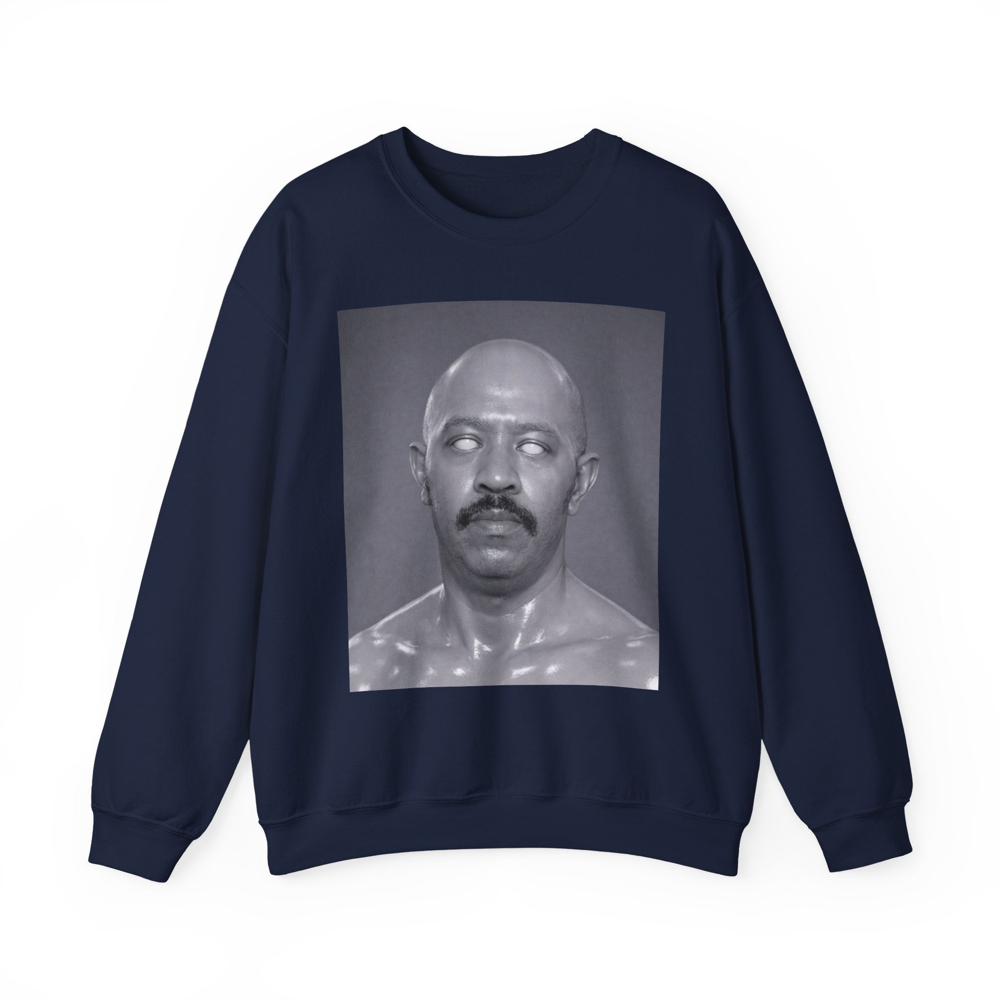 Crewneck Sweatshirt with Surreal Portrait Print — Monochrome Bald Man Art