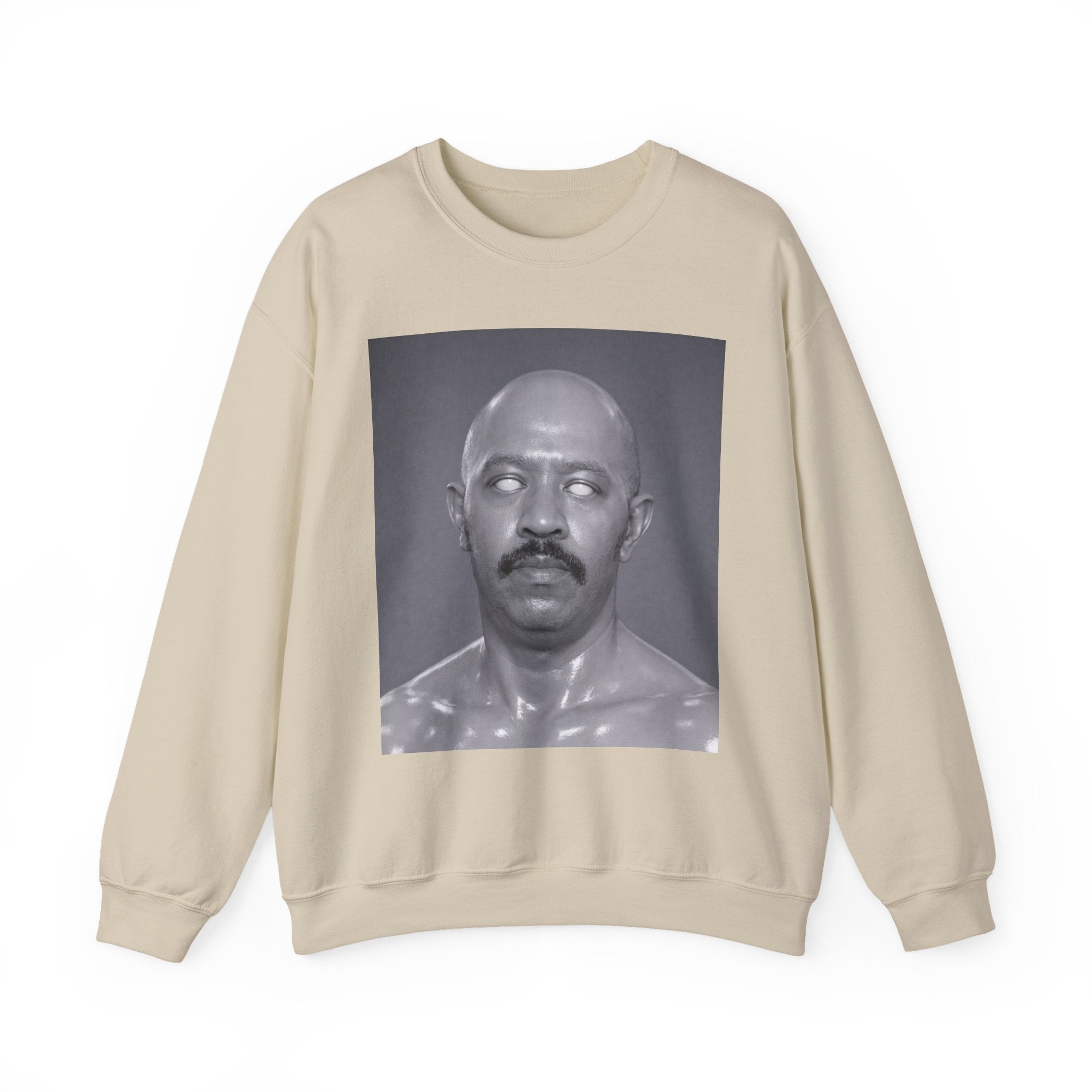 Crewneck Sweatshirt with Surreal Portrait Print — Monochrome Bald Man Art