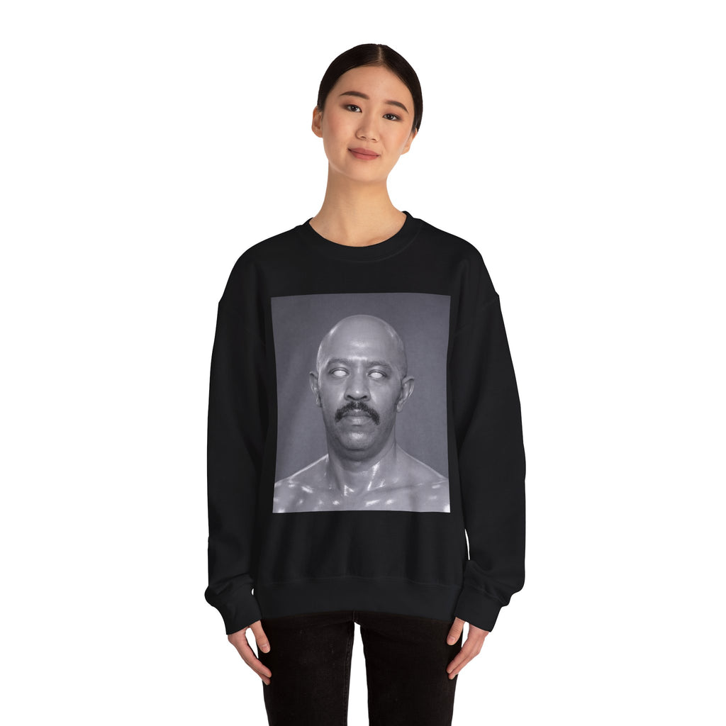 Crewneck Sweatshirt with Surreal Portrait Print — Monochrome Bald Man Art