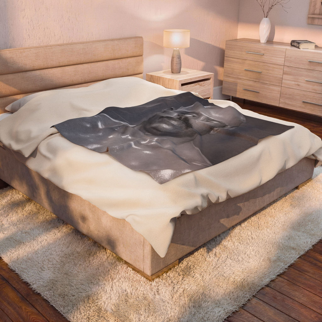 Velveteen Plush Blanket — Monochrome Portrait Throw (Eerie Vintage Gaze)