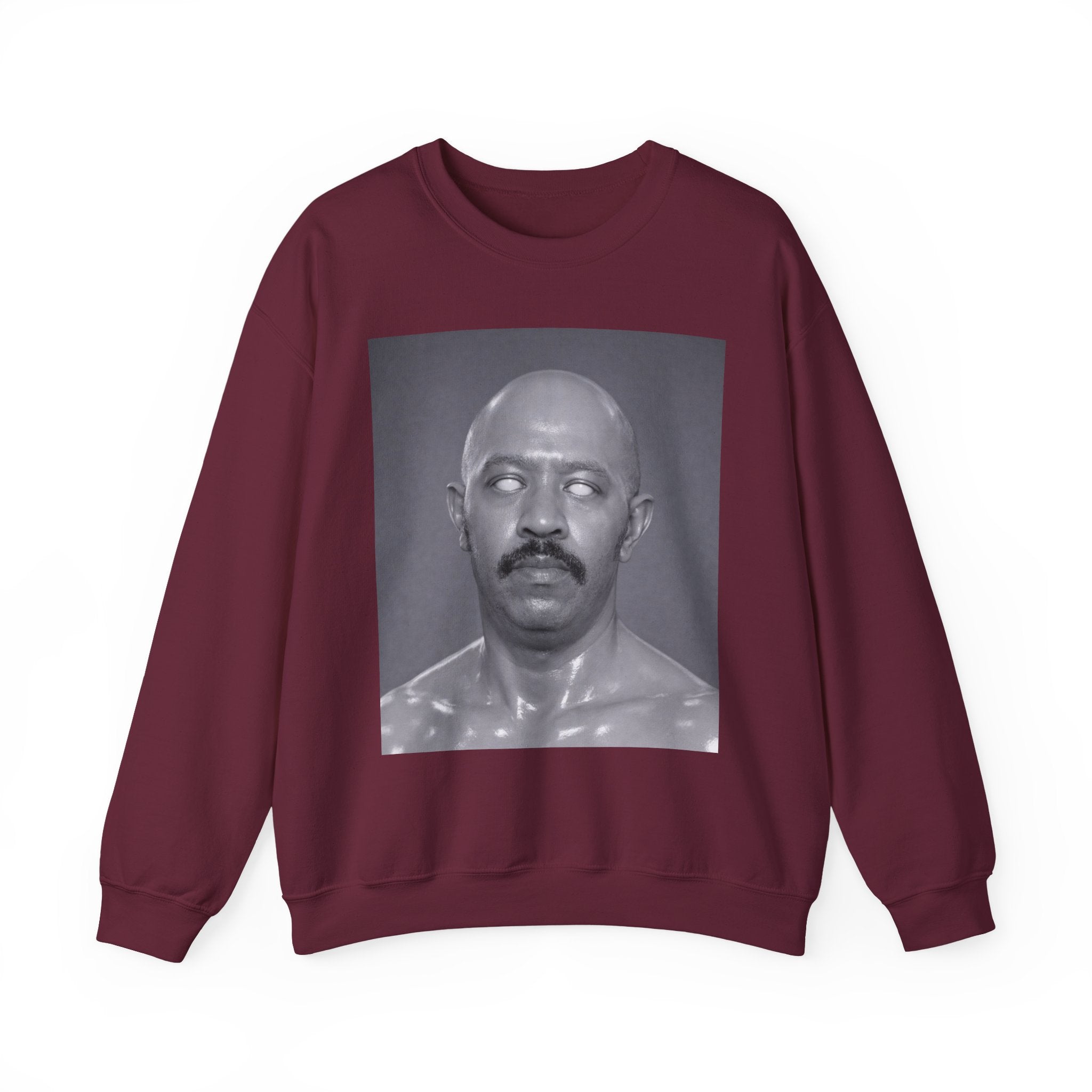 Crewneck Sweatshirt with Surreal Portrait Print — Monochrome Bald Man Art