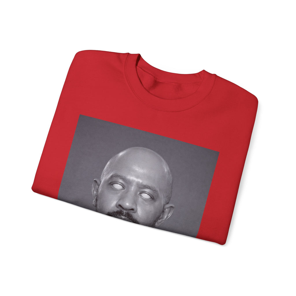 Crewneck Sweatshirt with Surreal Portrait Print — Monochrome Bald Man Art