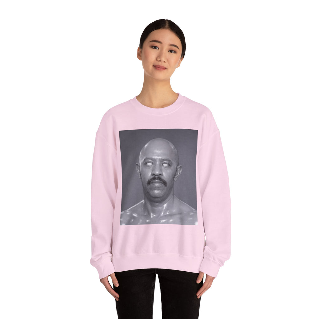 Crewneck Sweatshirt with Surreal Portrait Print — Monochrome Bald Man Art