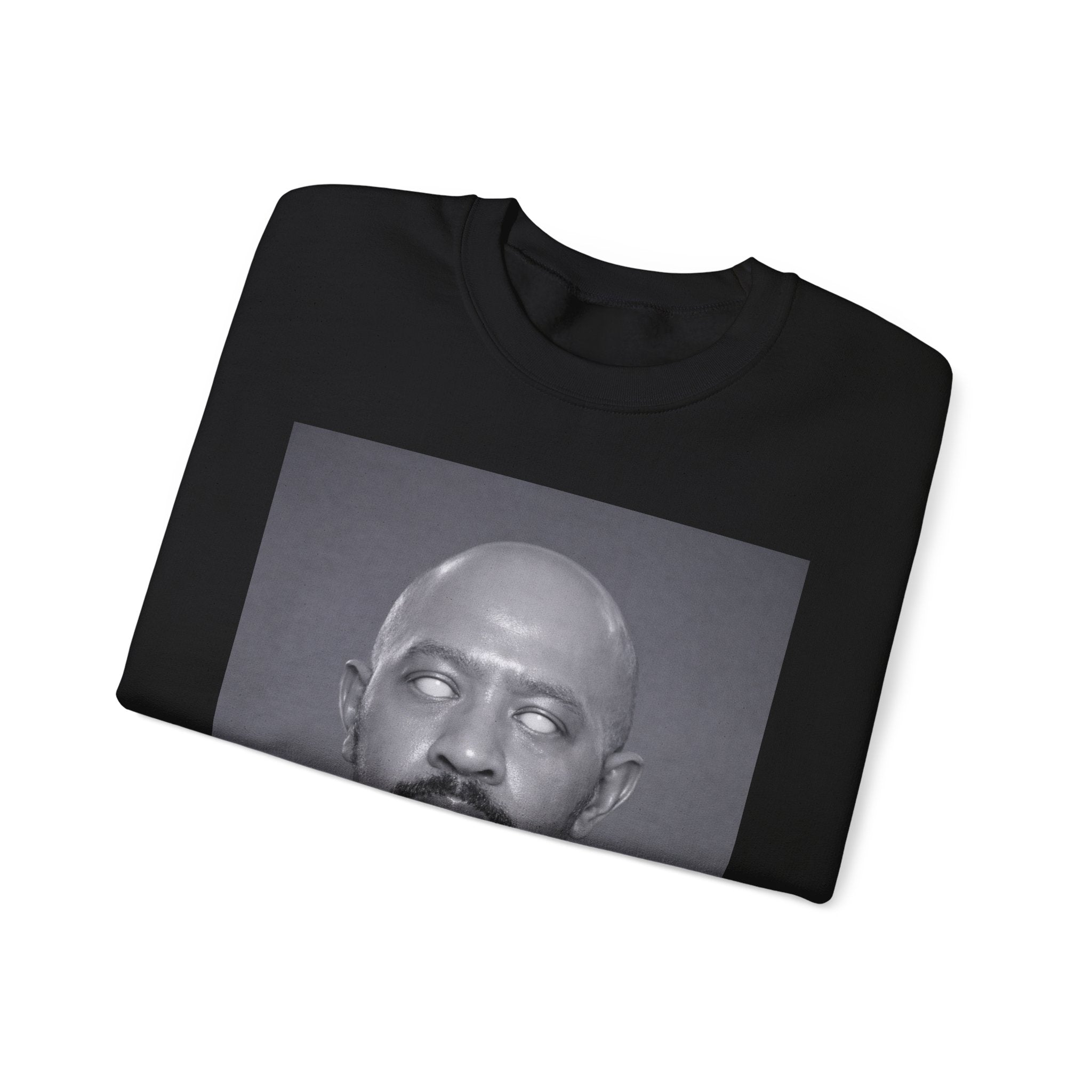 Crewneck Sweatshirt with Surreal Portrait Print — Monochrome Bald Man Art