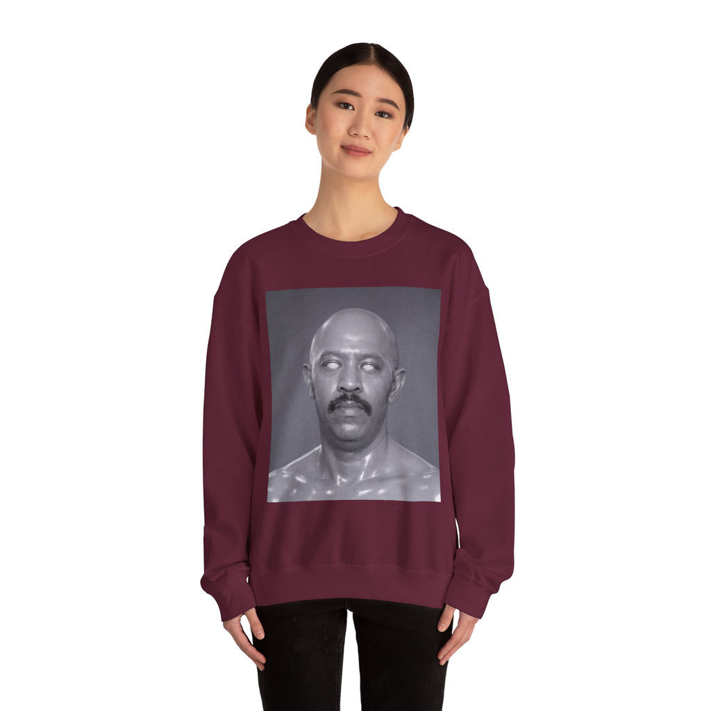 Crewneck Sweatshirt with Surreal Portrait Print — Monochrome Bald Man Art