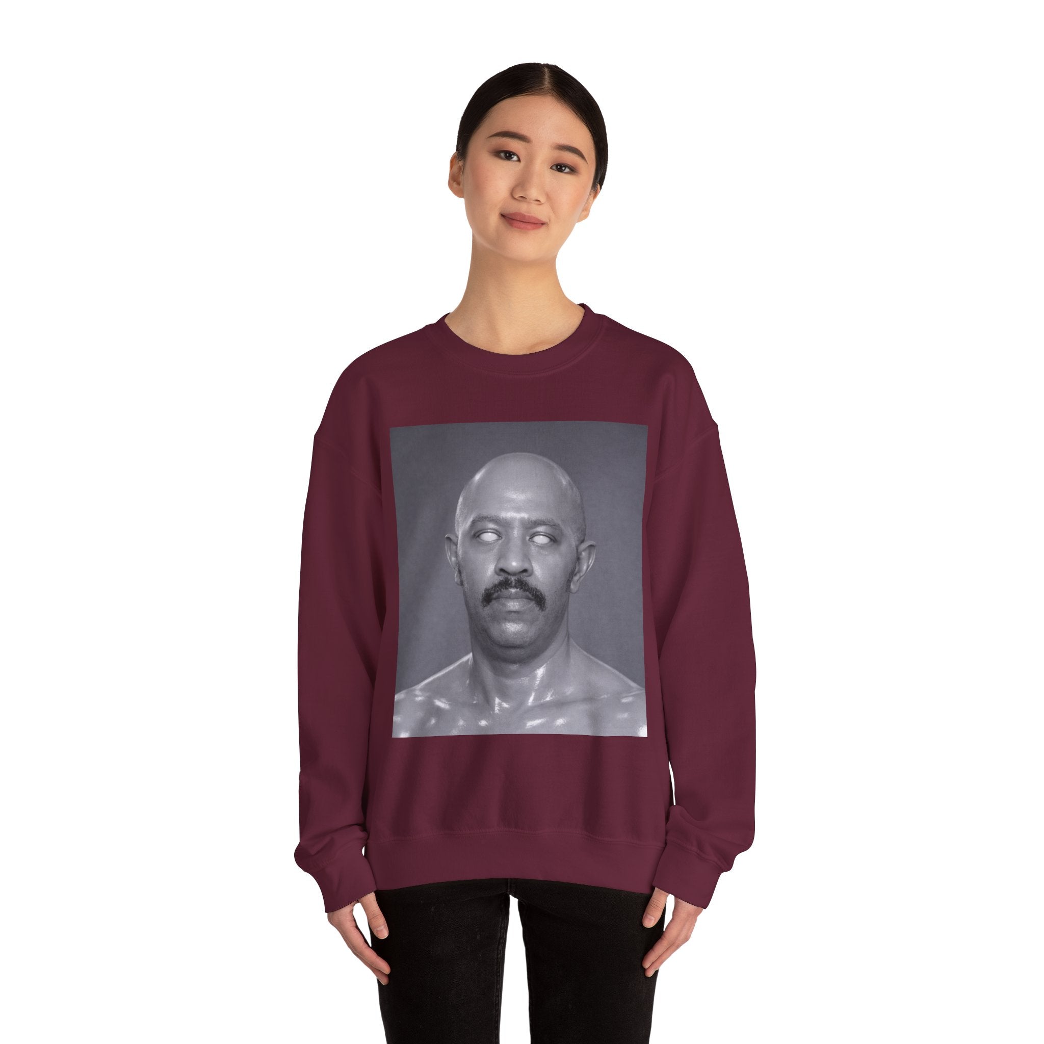 Crewneck Sweatshirt with Surreal Portrait Print — Monochrome Bald Man Art