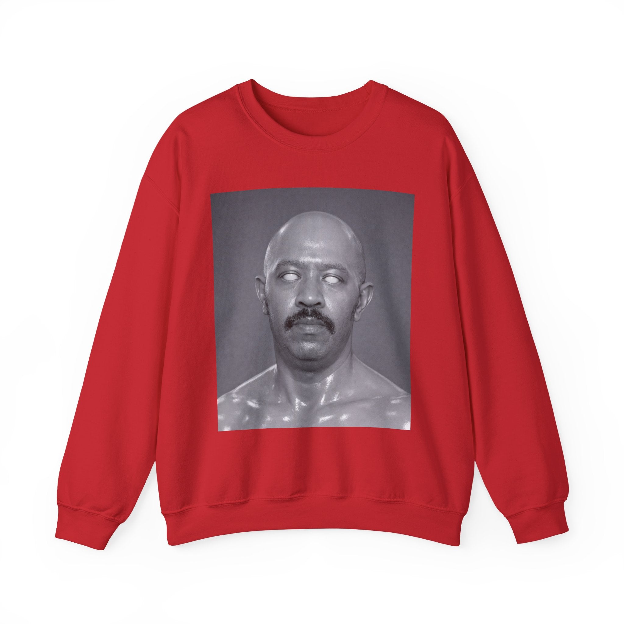 Crewneck Sweatshirt with Surreal Portrait Print — Monochrome Bald Man Art