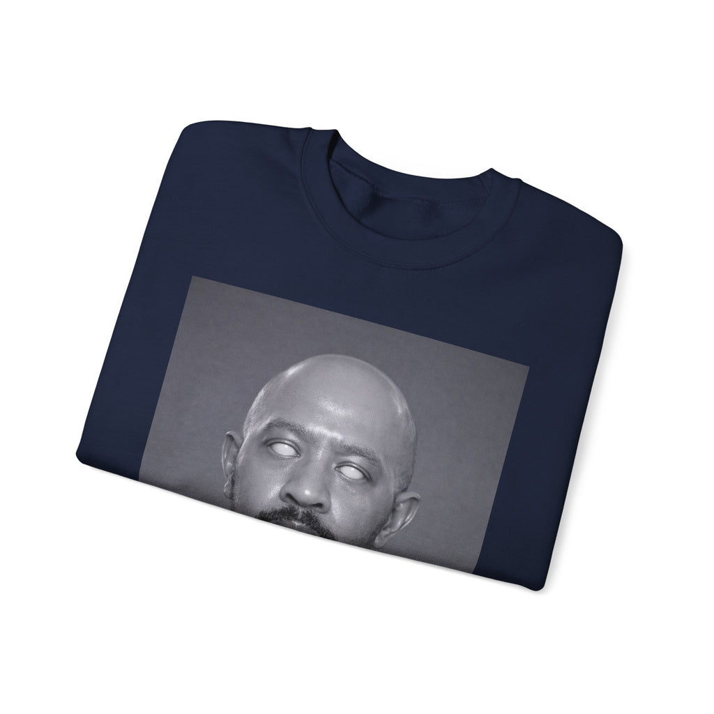 Crewneck Sweatshirt with Surreal Portrait Print — Monochrome Bald Man Art