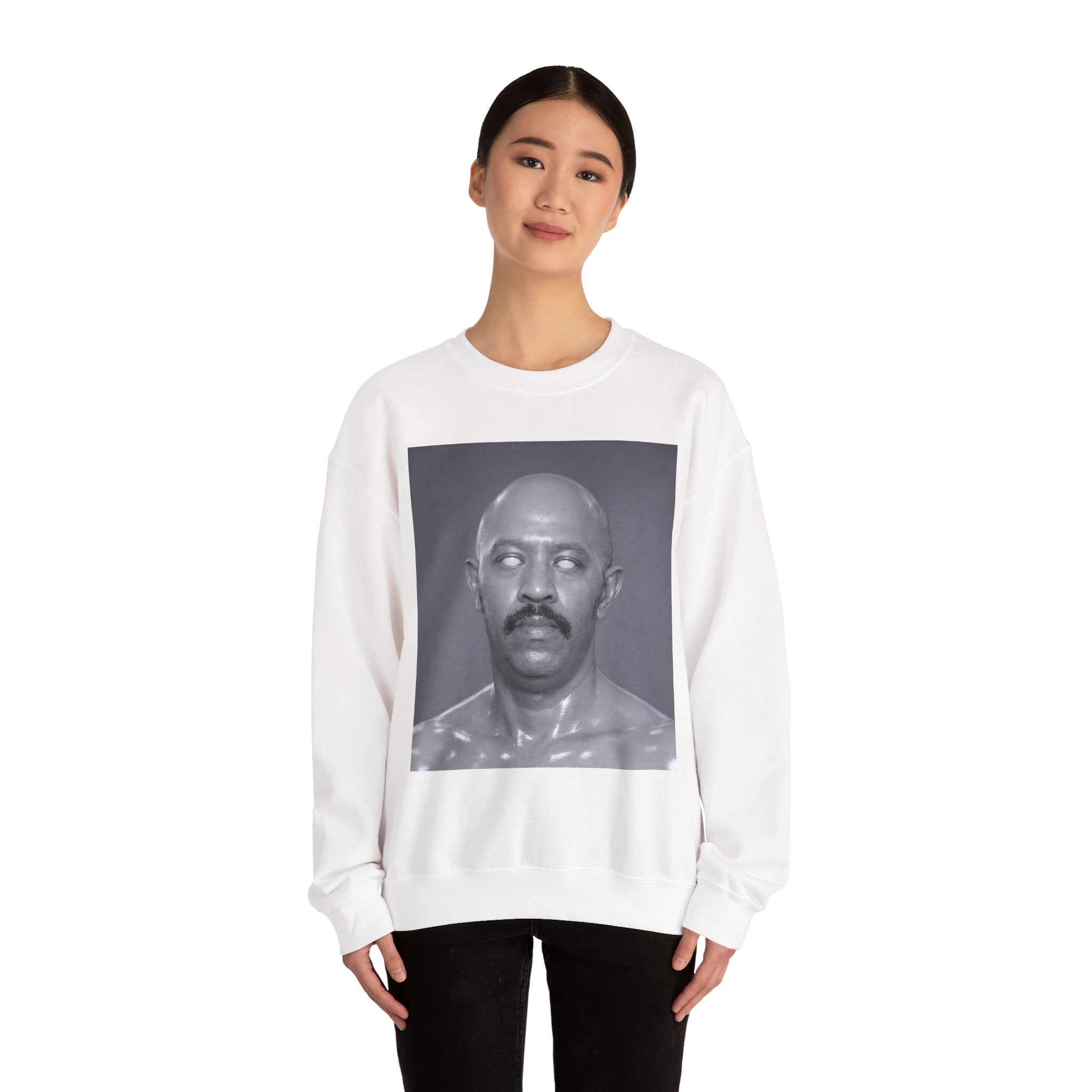 Crewneck Sweatshirt with Surreal Portrait Print — Monochrome Bald Man Art